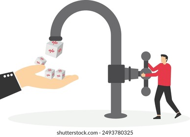 Market share percentage of industry sale, battle to gain more sale. Businessman opening water tap and cube block with percentage symbol icons fall from faucet. Flat vector illustration

