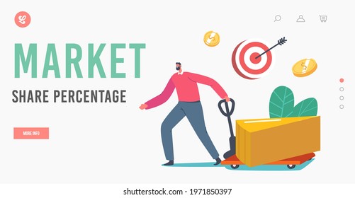 Market Share Percentage Landing Page Template. Businessman Character Take Part of Pie. Shareholder Snatch Dividends Profit, Business Stakeholder Income, Investment Return. Cartoon Vector Illustration