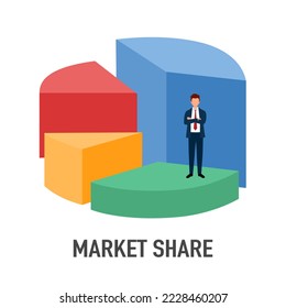 Ilustración vectorial de la gráfica circular de cuota de mercado sobre fondo blanco.