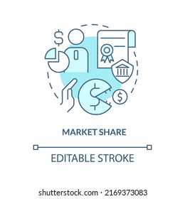 Market Share Turquoise Concept Icon. Decreasing Competition. Merger Objective Abstract Idea Thin Line Illustration. Isolated Outline Drawing. Editable Stroke. Arial, Myriad Pro-Bold Fonts Used