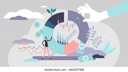 Market share vector illustration. Percentage pie in tiny persons concept. Economical and financial measurement for whole industry sales. Statistics calculation and analysis with pieces of the circle.