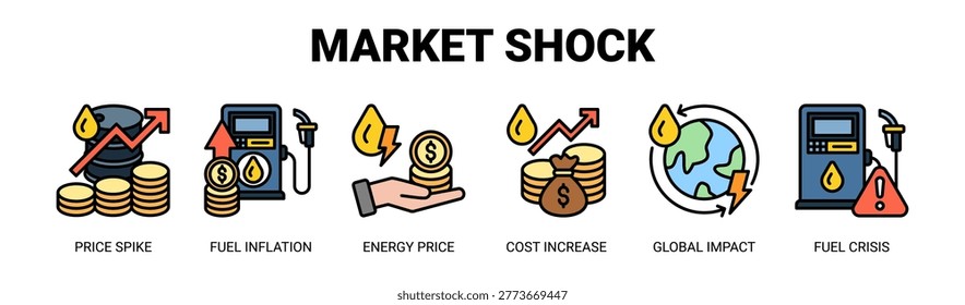Market Shock web banner icon vector illustration concept with icons of price spike, fuel inflation, energy price, cost increase, global impact, and fuel crisis.