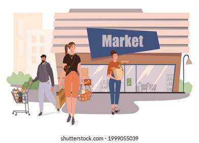 Market shop building web concept. Customers shopping in supermarket, buying food, put purchases in carts and baskets at store. People scenes template. Vector illustration of characters in flat design