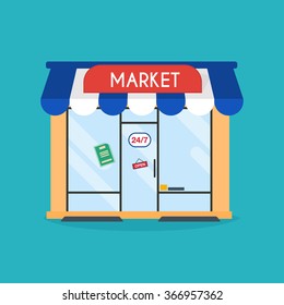 Market shop facade. Vector illustration of market building. Ideal for market business web publications and graphic design. Flat style vector illustration.