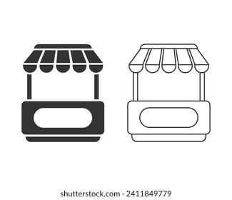 Market shop glyph line icon set. Kiosk, store, retail graphic pictogram. Street food or cafe concept black flat label. Logo of commercial market place. Vector illustration isolated on white