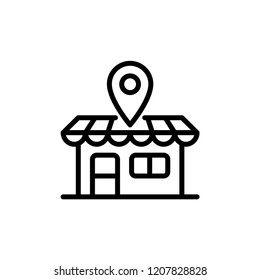 Market shop line icon. Kiosk, store, retail graphic pictograph. Street food concept linear label. Contour logo commercial market place. Vector illustration isolated on white