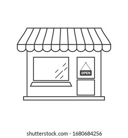 Icono de línea de tienda de mercado. Kiosco, tienda, gráfico comercial. Etiqueta lineal del concepto de comida callejera. Ilustración vectorial aislada en blanco.