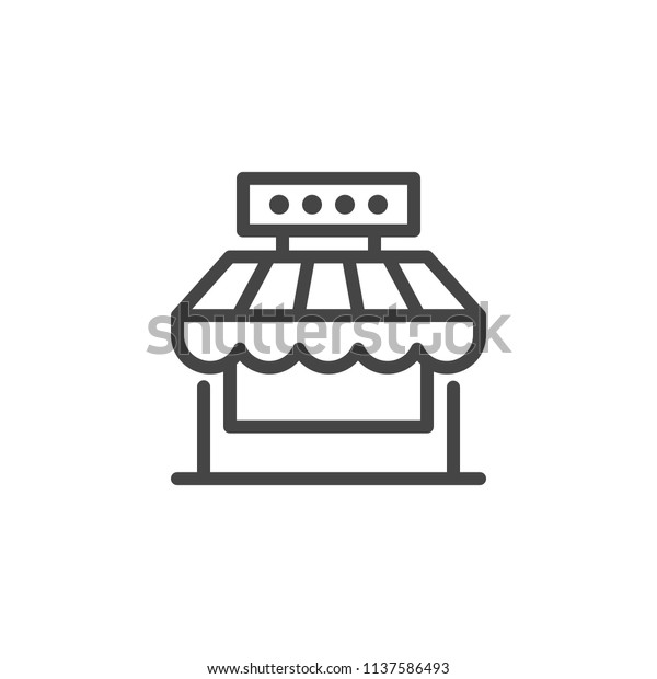 Market shop line\
icon. Kiosk, store, retail graphic pictograph. Street food concept\
linear label. Contour logo commercial market place. Vector\
illustration isolated on\
white