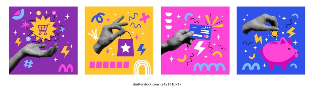 Market shopping collage card. Online purchase buy service. Design graphic shop. Comic halftone hand. Sale concept. Media retail commerce technology. Arm holding bag or money. Vector tidy banners set