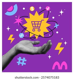 Market shopping collage card. Online purchase buy service. Design graphic shop. Comic halftone hand. Supermarket sale. Media retail commerce technology. Arm palm holding store cart. Vector tidy banner