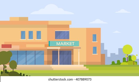 Market Shopping Mall Building Exterior Flat Vector Illustration