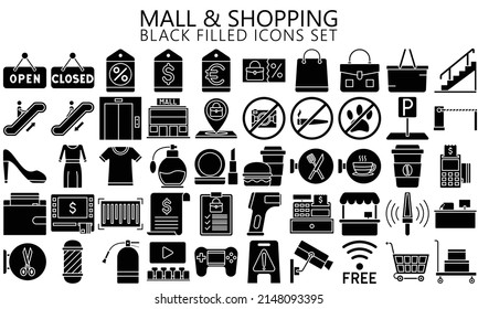 Market and Shopping mall, retail, black filled icons set with sale offer and payment symbols. Outline icons collection. Used for web, UI, UX kit and applications, vector EPS 10 ready convert to SVG svg