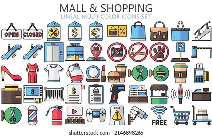 Market Shopping mall, retail, lineal multi color icons set with sale, bag, basket, offer, store and payment symbols. Used for web, UI, UX kit and applications, vector EPS 10 ready convert to SVG svg