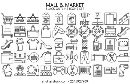 Market and Shopping mall, retail, minimal outline icon set with sale offer and payment symbols. Outline icons collection. Used for web, UI, UX kit and applications, vector EPS 10 ready convert to SVG svg