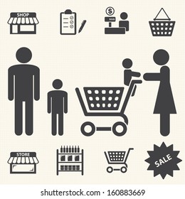 Market and shopping mall. Vector icons set