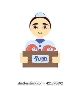 Market Shrimp Male Seller  Flat Primitive Design Bright Color Vector Icon On White Background