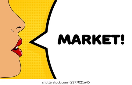 Market sign. Flat, color, message bubble, market sign, talking lips, market icon. Vector icon