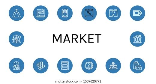 market simple icons set. Contains such icons as Strategy, Fintech, Sausage, Billboard, Trunk, Price tag, Clerk, Bond, Coin, Pizza shop, Shopping bag, can be used for web, mobile and logo