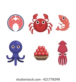 Market Sold Seafood Set Flat Primitive Design Bright Color Vector Icons On White Background