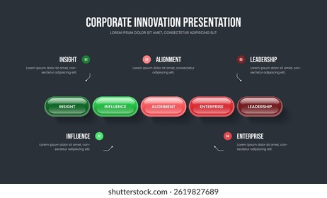 Market Solution Five Step Diagram Presentation Design. Product Showcase 5 Element Infographic Slide Layout. Modern Launch Frame Template Vector Illustration.
