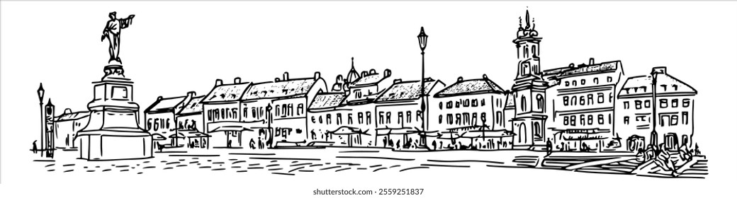 market square in Olomouc city ​​panorama hand drawing doodle hatching vector sketch