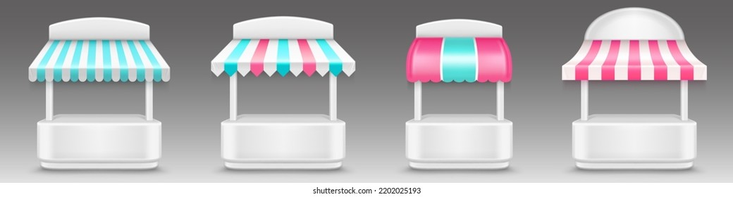 Market stall, candy, ice cream, cotton candy store buildings. Fair booth or kiosk with striped blue and pink awnings. Vendor counter for street trading, tents, Realistic 3d vector illustration, mockup