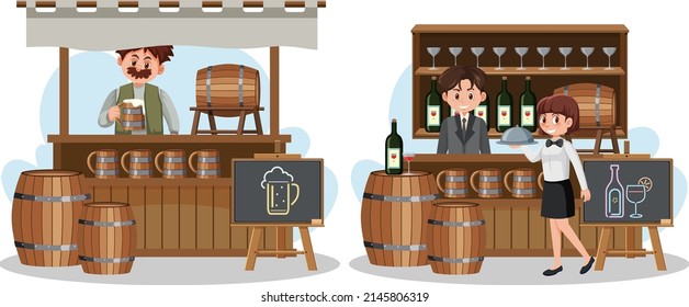 Market stall concept with beer and wine shop stall illustration