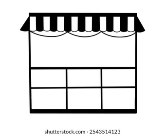 Vaga de mercado em estilo doodle. Ilustração desenhada à mão, linha preta. Justa, barracão, suporte, tenda de mercado