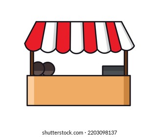 Market stall front view colored doodle vector illustration. Isolated on white background