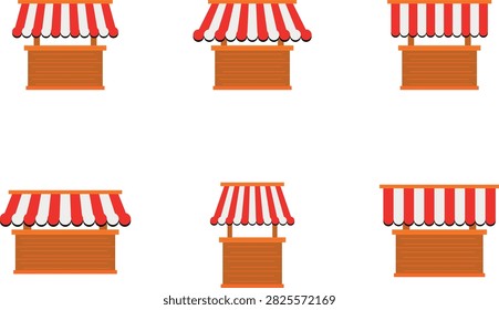 Market Stall Icon Set, Flat Vector Shop Stand with Red and White Striped Awning in Different Sizes