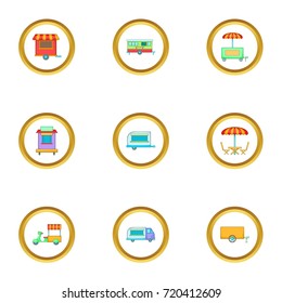 Market stall icons set. Cartoon style set of 9 market stall vector icons for web design