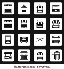 Market stall icons set in white squares on black background. Simple illustration of market stall icons vector set for any design