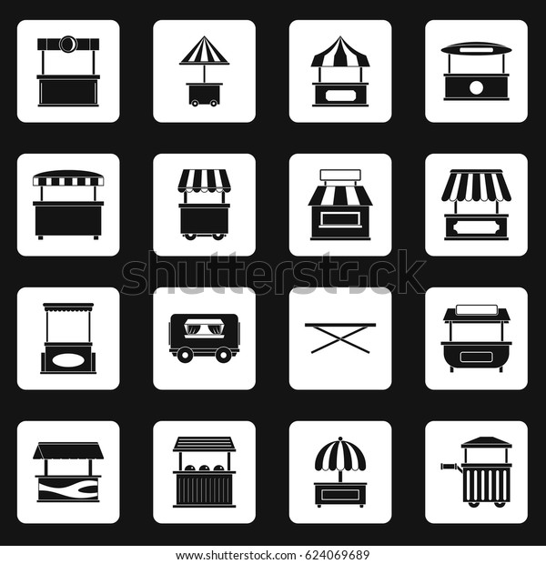 Market stall icons set in white squares on black\
background. Simple illustration of market stall icons vector set\
for any design