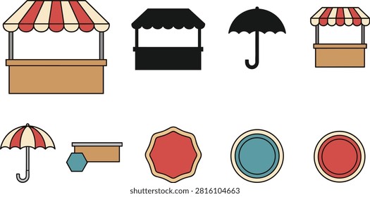 Market Stall Illustrations with Striped Red and White Canopy, Black Silhouette, and Umbrella Icons for Fair De