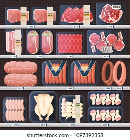 Market stall with meat grocery, shop showcase with price tags or dollar labels and barcode. Lamb and beef, sausage and pork, smoked wurst and tenderloin, steak. Natural food and nutrition