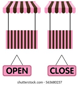 Market stall Pink and Brown with open sign isolated on white background.