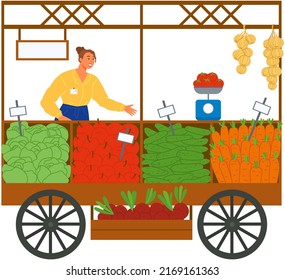 Market stall with sales woman trading fruits and vegetables. Counter, bazar stand with harvest. Woman selling farm products. Female seller at bazaar during harvesting. Sale of organic food concept
