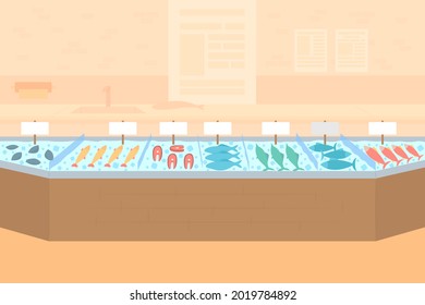 Parcela de mercado con ilustraciones vectoriales de color plano de mariscos. Comprar productos de pescado fresco y congelado en el supermercado. Tienda de comestibles. Interior de dibujos animados 2D Marketplace con secciones de congelador en segundo plano