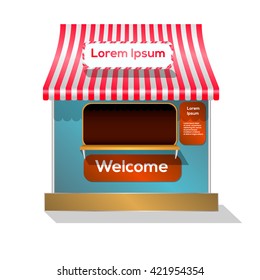 Market Stall with Striped Awning. Mobile store.Can use for promotion sale.Cute shop. Isolated shop with the places for text and text welcome. Vector Illustration