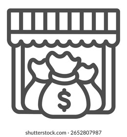 Banca de mercado com três sacos de dinheiro ícone da linha, conceito financeiro. Gráficos vetoriais. Bolsas de dinheiro em frente à loja, sinal de financiamento no fundo branco, ícone de estilo de contorno para design móvel ou web