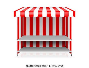 Market stall with top, back and side covers, vector illustration. Shelving counter stand with canopy, mockup.
