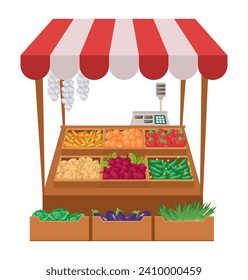 Market stall. Vegetable farm shop. Vector clipart isolated on white background.