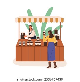 Market stall, vendor selling natural honey, jam in jars. Outdoor kiosk, street stand with customer choosing organic product, healthy farm produce. Flat vector illustration isolated on white background