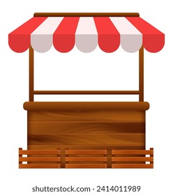 Market stall. Wooden market stand stall with red white striped awning. Vector clipart isolated on white background.