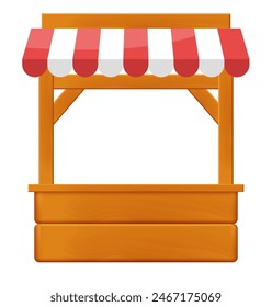 Market stall. Wooden market stand stall with red white striped awning. Vector clipart isolated on white background.