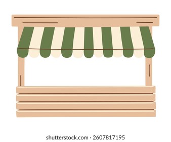 Market stall, wooden vendor stand with green striped awning, rustic farmers market booth, , craft fair shop, street food kiosk hand-drawn small business storefront design. Vector illustration.