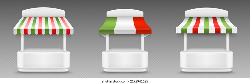 Market stalls with awning with red and green stripes. Summer street kiosks with striped canopy, white sale stands isolated on transparent background, vector 3d illustration. 3D Illustration