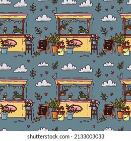 Market stalls doodle vector seamless pattern. Fair, funfair trade tents, outdoor kiosks and carts. Street shopping places cartoon concepts.
