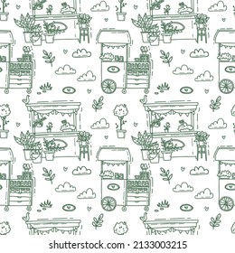 Market stalls doodle vector seamless pattern. Fair, funfair trade tents, outdoor kiosks and carts. Street shopping places cartoon concepts.