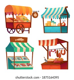 Market Stalls, Fair Booths, Wooden Kiosk With Striped Awning And Food Products. Wood Wheeled Vendor Counter With Sunshade For Street Trading, Outdoor Retail Place, Isolated Cartoon Vector Icons Set